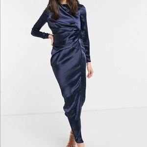 ASOS DESIGN satin high drape neck maxi dress with long sleeves in NAVY